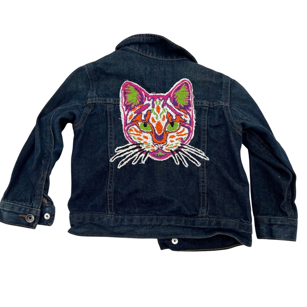 The Childrens Place Kids 3T Denim‎ Jacket Dark Wash Embroidered Cat Back cool